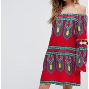 boohoo printed bardot dress with pom trim